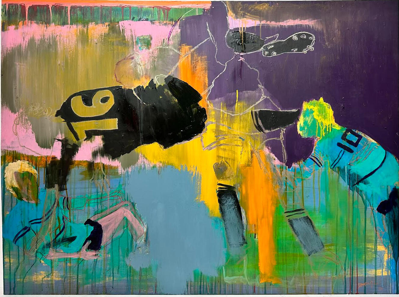 The Spear Tackle Acrylic and mixed media on canvas This work draws from a personal memory of being spear tackled during a rugby league match. In that split-second moment—lifted off the ground and flipped mid-air—there’s no pain, just a strange clarity. Adrenaline takes ov